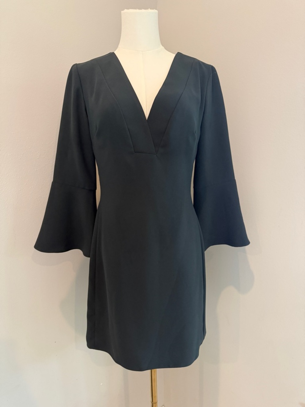 Amanda Uprichard Dark Green V-Neck Bell Sleeve Mini Dress